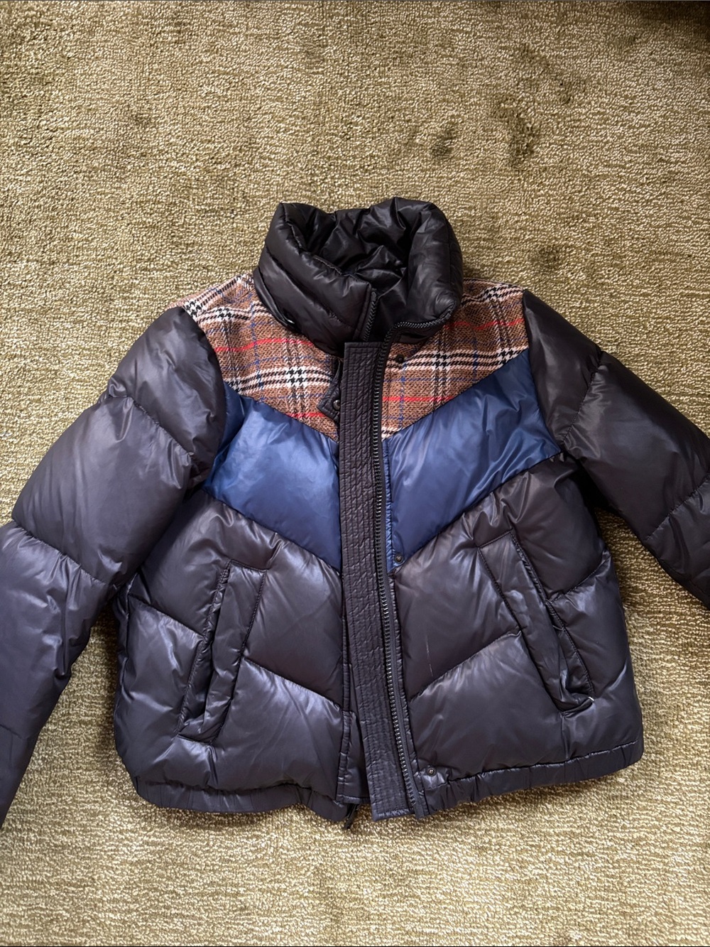 Women’s Black & Blue Puffer Jacket with Plaid Yoke and Attachable Fur Hood